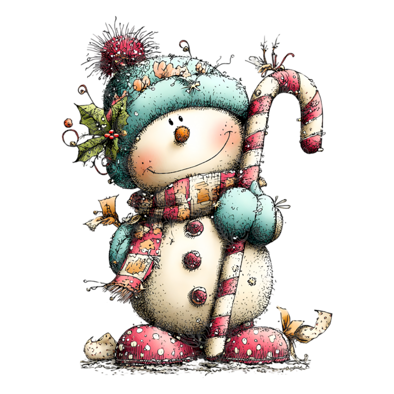 Whimsical snowman holding a candy cane wearing a teal hat with holly, Grey Barn Handwerk, Saskatchewan.